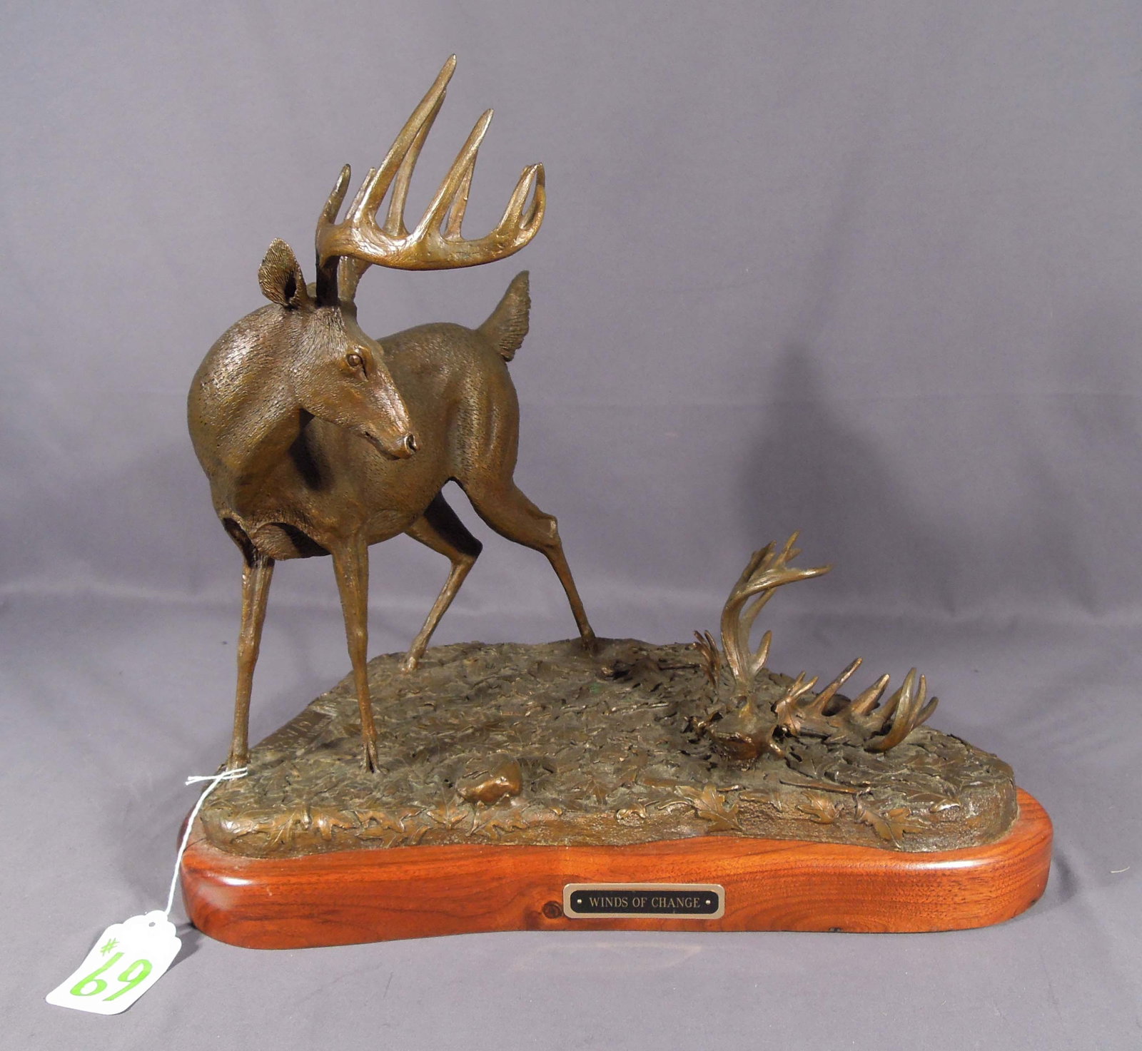 ORIGINAL BRONZE SCULPTURE OF DEER "WIND OF CHANGE": Signed Curtis Christensen. Limited Edition 6/75. Circa 1992. 17" high, 19 1/2" wide, 12" deep.