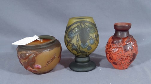 THREE VINTAGE GALLE STYLE ACID ETCHED ACCESSORIES