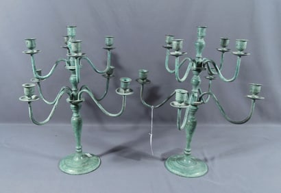 PAIR BRONZE NINE LIGHT CANDELABRA