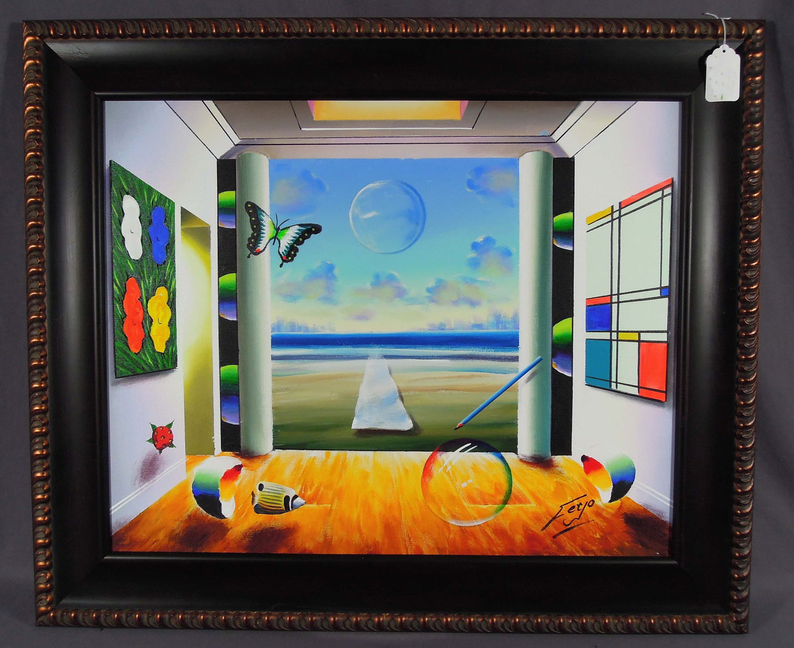 FERNANDO DE JESUS OLIVEIRA (1946- ) BRAZILIAN (FERJO): Original Oil on Canvas "Walkway to the Sea with Warhol Flowers". All of Ferjo's original traits. Hand signed. Overall framed 30 1/2" x 37 1/2" x 1".