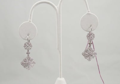 PAIR LADIES FINE 14K W.G. & DIAMOND DANGLE EARRINGS