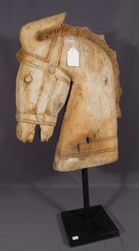 VINTAGE HAND CARVED WOODEN BUST OF HORSE ON HEAVY METAL BASE