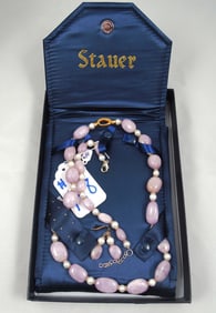 STAUER ROSE QUARTZ AND PEARL NECKLACE, BRACELET & EARRING ENSEMBLE