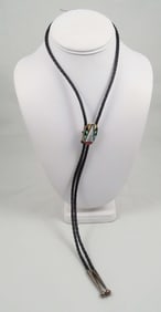 LEATHER, STERLING SILVER, MOTHER-OF-PEARL, TURQUOISE AND PEARL BOLO