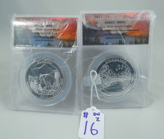TWO 2011 5 OUNCE SILVER QUARTER DOLLARS