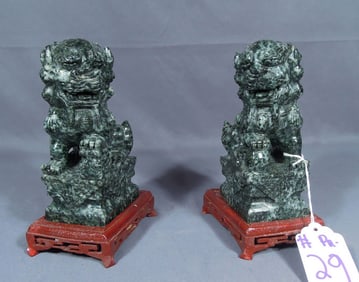 PAIR HAND CARVED CHINESE SOAPSTONE FOO DOGS ON ROSEWOOD STANDS