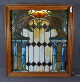 BEAUTIFUL VINTAGE FRAMED LEADED GLASS WINDOW