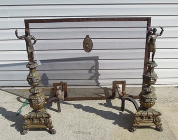 PAIR FINE ANTIQUE BRONZE ROMAN WARRIOR ANDIRONS WITH FIRESCREEN