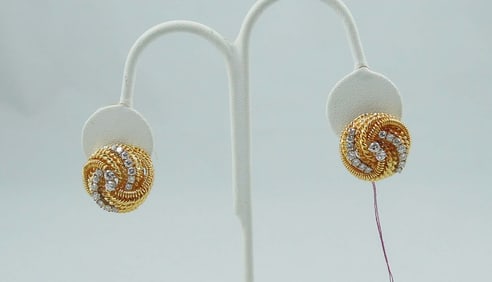 PAIR LADIES OUTSTANDING TIFFANY STYLE 18K Y.G. & DIAMOND SWIRL DESIGN EARRINGS