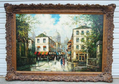FINE LARGE VINTAGE FRENCH OIL ON CANVAS "PARISIAN STREET SCENE" BY J. PASCAL