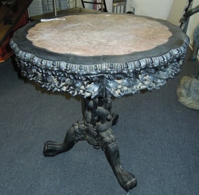 HEAVY ANTIQUE CHINESE HAND CARVED WOODEN TABLE WITH MARBLE TOP