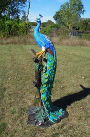 FABULOUS LIFE SIZE BRONZE SCULPTURE OF PEACOCK PERCHED ON BRANCH