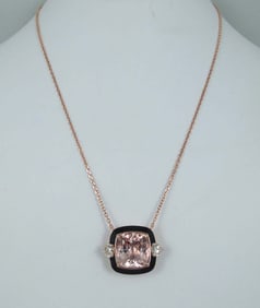 LADIES 14K ROSE GOLD, MORGANITE, DIAMOND & ENAMEL NECKLACE