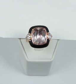 LADIES 14K ROSE GOLD, MORGANITE, DIAMOND & ENAMEL RING