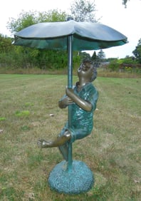 VINTAGE BRONZE SCULPTURE/FOUNTAIN OF YOUNG BOY HOLDING UMBRELLA