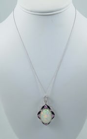 LADIES 14K W.G., OPAL, PINK SAPPHIRE, DIAMOND & ENAMEL NECKLACE