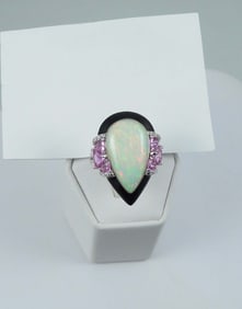 LADIES 14K W.G., OPAL, PINK SAPPHIRE, DIAMOND & ENAMEL RING