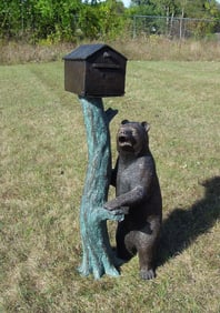 VINTAGE LIFE SIZE BRONZE MAILBOX WITH STANDING BEAR CUB