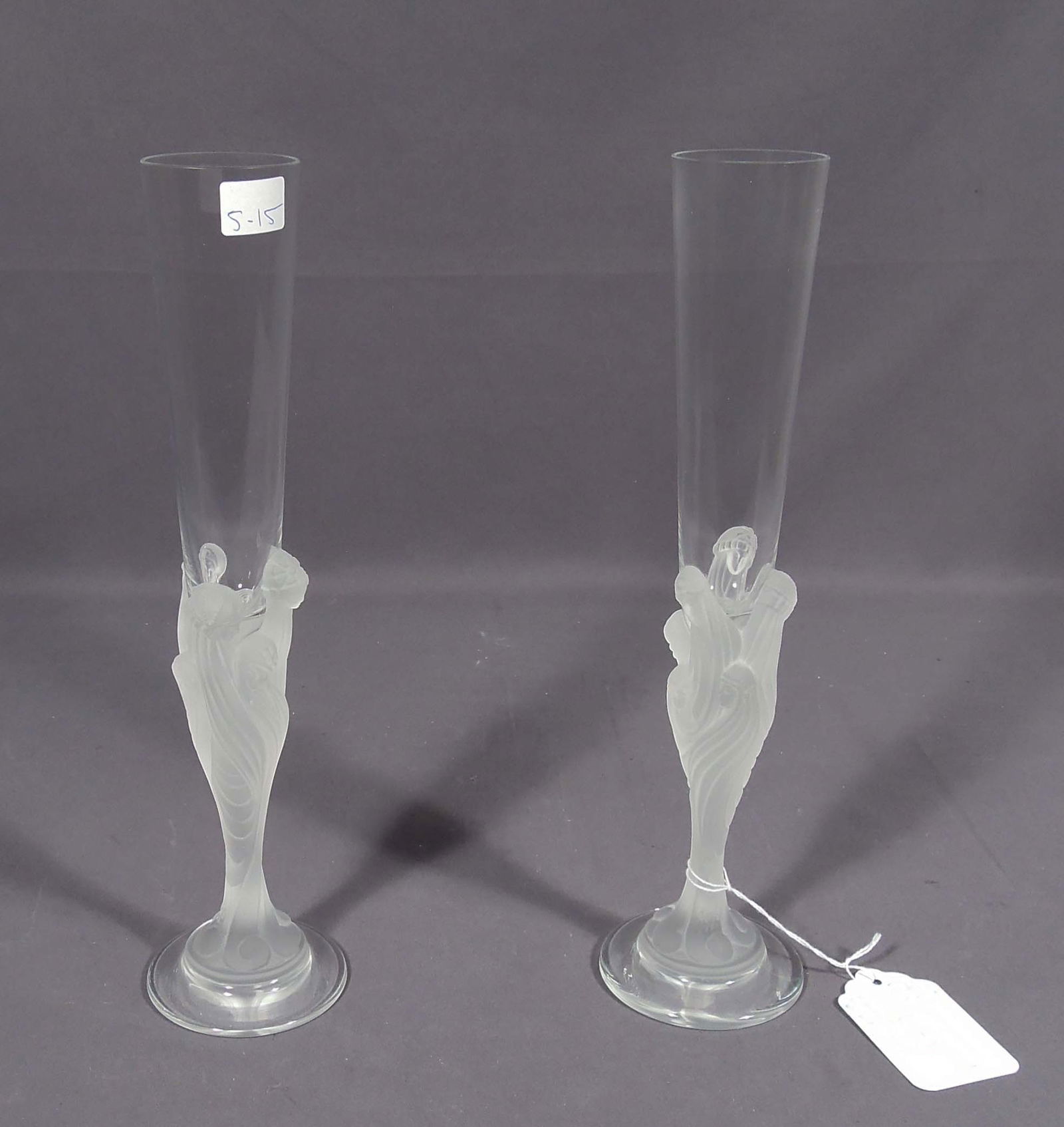 ROMAIN DE TIRTOFF (ERTE') (1892-1990) RUSSIAN/FRENCH: Pair of figural crystal champagne glasses. Each signed and with original boxes.