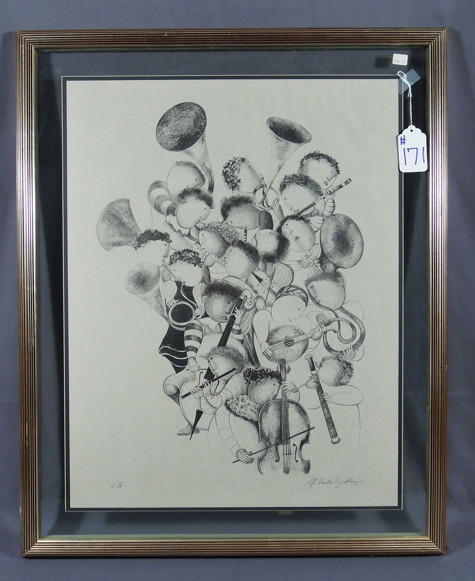 GRACIELA RODO BOULANGER (1935- )BOLIVAN: Limited Edition Lithograph "Musicians". Hand signed Artist Proof. Overall framed 32" x 25 1/2" x 1 1/2".