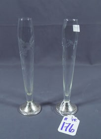 PAIR STERLING SILVER AND ETCHED TULIP VASES