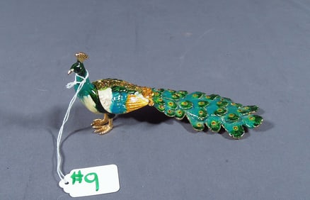LARGE OVERSIZED METAL, ENAMEL & RHINESTONE PEACOCK TRINKET BOX