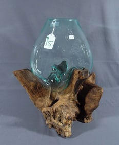 UNUSUAL CUSTOM MADE TEAK & GLASS CENTERPIECE VASE/BOWL