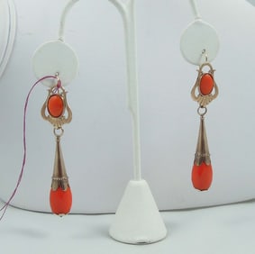 PAIR LADIES VICTORIAN 12K GOLD & CORAL EARRINGS