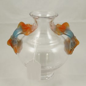 BEAUTIFUL FRENCH DAUM CLEAR CRYSTAL & PATE DE VERRE FISH HANDLED VASE