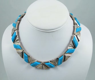 HEAVY VINTAGE STERLING SILVER & TURQUOISE NECKLACE