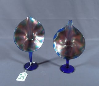 GROUP OF TWO HAND BLOWN TIFFANY STYLE JACK IN THE PULPIT VASES