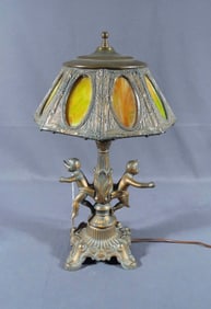 FINE ANTIQUE GILT METAL AND SLAG GLASS TABLE LAMP