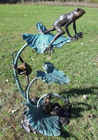 LARGE BRONZE SCULPTURE/FOUNTAIN OF FROGS ON LILY PADS