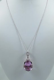 LADIES VERY FINE 14K W.G., KUNZITE, ENAMEL & DIAMOND NECKLACE