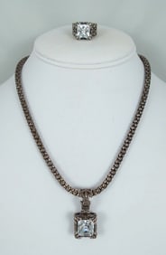 VINTAGE RETIRED DESIGNER SILPADA STERLING SILVER AND CZ NECKLACE AND RING ENSEMBLE