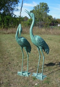 VERY LARGE PAIR OF HEAVY BRONZE CRANE SCULPTURES/FOUNTAINS