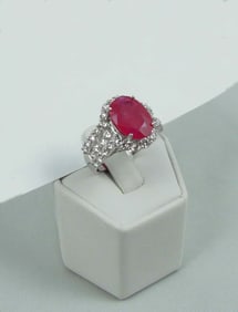 LADIES PLATINUM, NATURAL RUBY AND DIAMOND RING