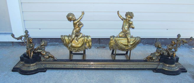 ANTIQUE LOUIS XVI STYLE GILT BRONZE CHERUB MOTIF FIREPLACE SURROUND WITH ANTIQUE CHERUB BRASS