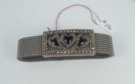 LADIES VINTAGE STAINLESS STEEL, STERLING SILVER, ONYX & MARCASITE BRACELET