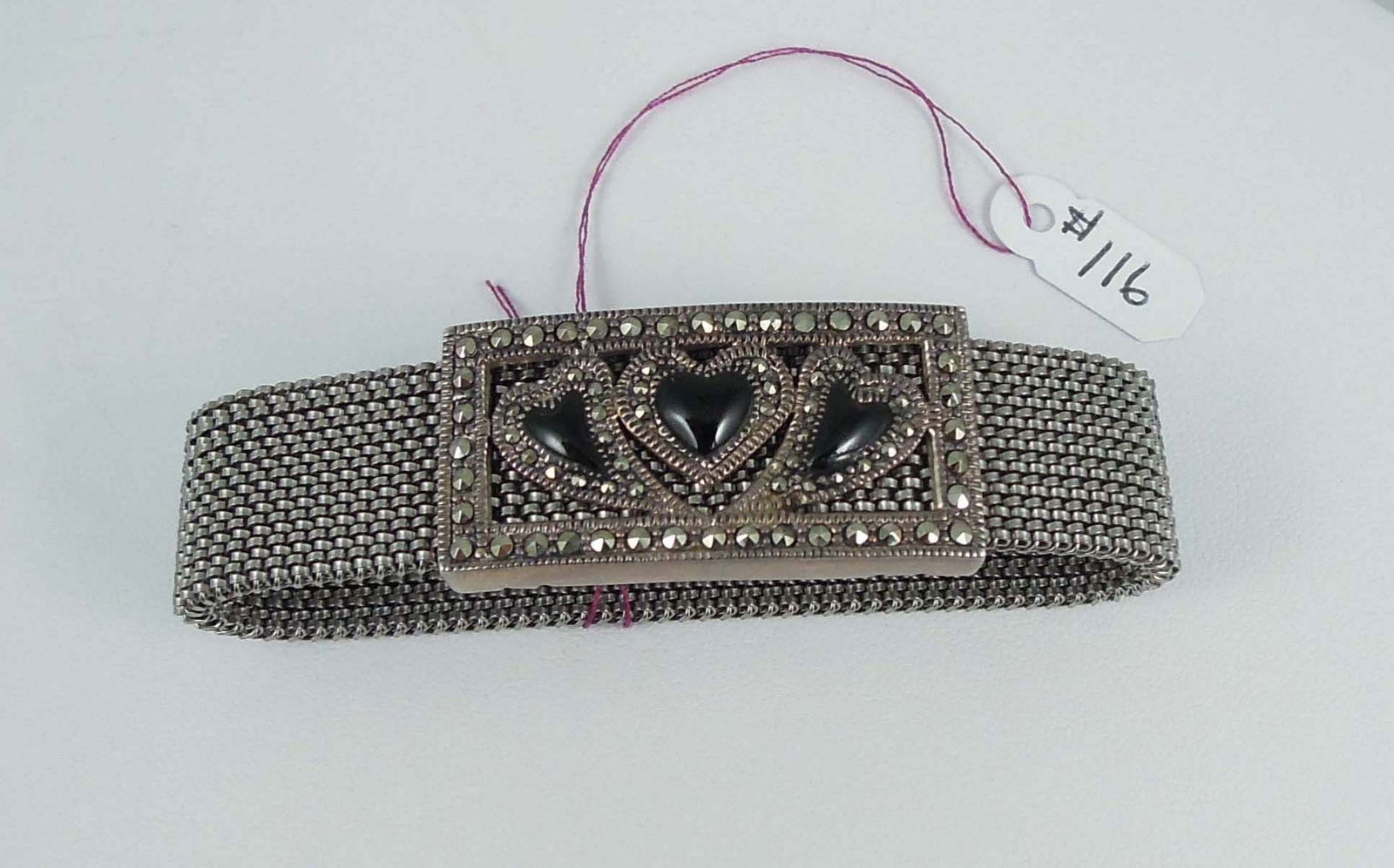 LADIES VINTAGE STAINLESS STEEL, STERLING SILVER, ONYX & MARCASITE BRACELET (1 of 2)