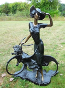 BEAUTIFUL VINTAGE ART DECO STYLE BRONZE SCULPTURE OF WOMAN WITH BICYCLE