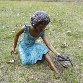 ADORABLE LIFE SIZE BRONZE SCULPTURE OF YOUNG GIRL WITH CRAB