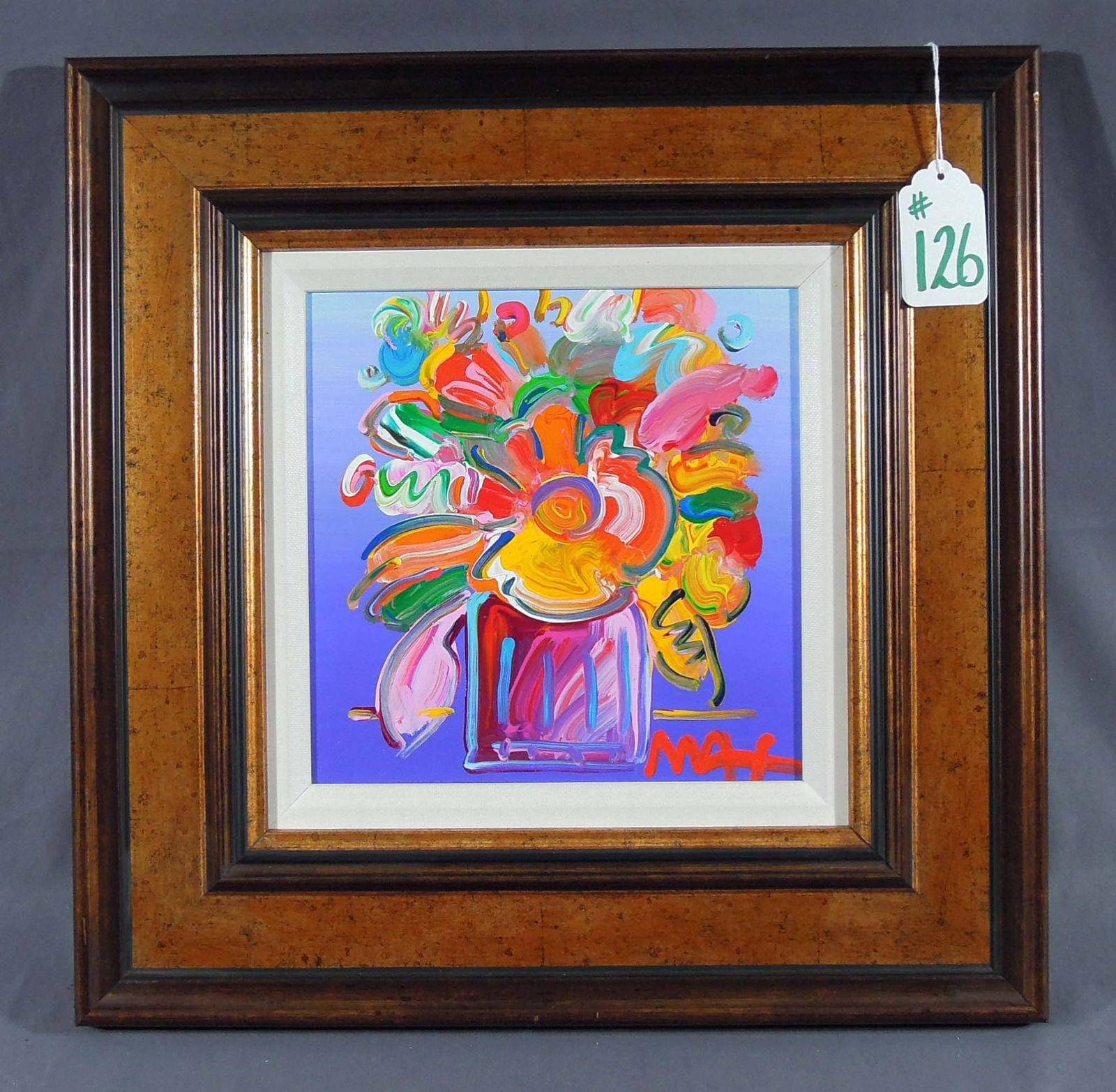 PETER MAX (1937- ) GERMAN: Original Oil on Canvas "Abstract Flowers". Paint in high relief. Hand signed, lower right. Original Peter Max stamp on verso and dated 2017. Image 10" sq. Overall framed 18 1/2" sq.