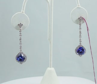 PAIR LADIES BEAUTIFUL 18K W.G., TANZINITE & DIAMOND EARRINGS