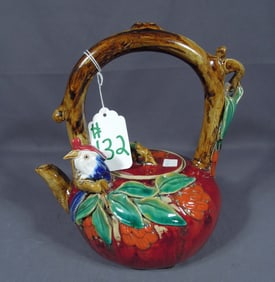 VINTAGE GLAZED CERAMIC CHINESE BIRD MOTIF TEAPOT
