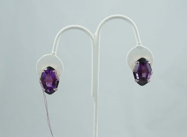 PAIR LADIES 14K Y.G., AMETHYST, ENAMEL AND DIAMOND EARRINGS