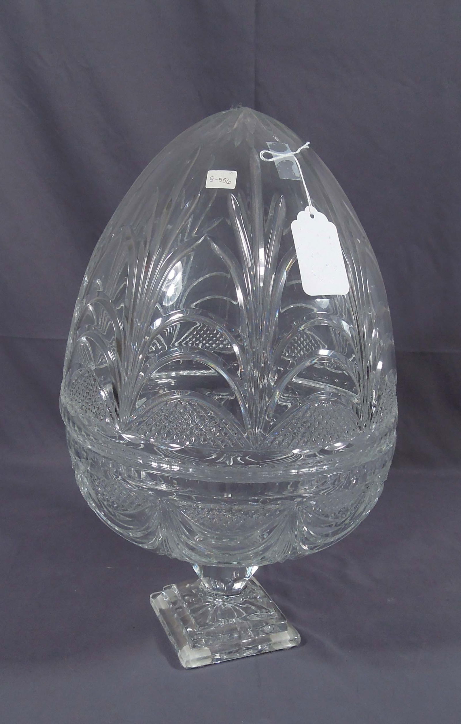 LARGE CUT CRYSTAL EGG: Top lifts off. Drape pattern. 20" high, 11 1/2" dia.