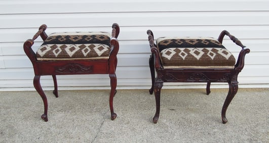 TWO VINTAGE HAND CARVED MAHOGANY STOOLS