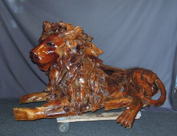 UNUSUAL LIFE SIZE HAND CARVED TEAK SCULPTURE OF LION