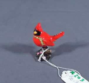 FINE METAL, ENAMEL & RHINESTONE CARDINAL TRINKET BOX